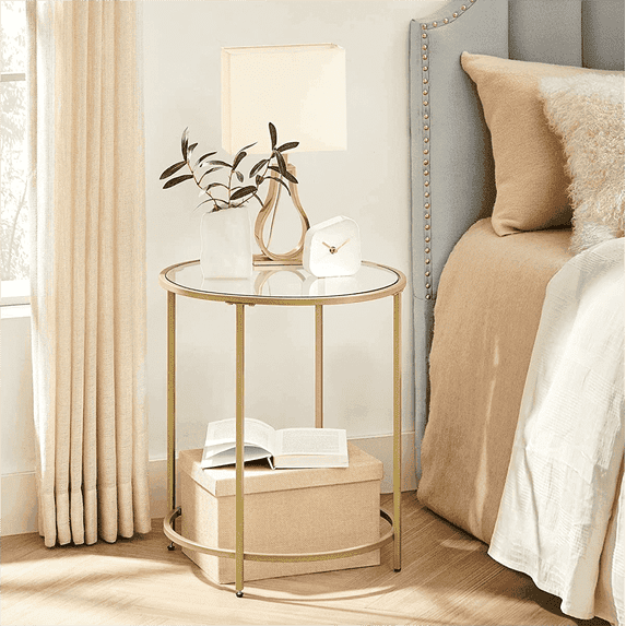 VASAGLE Round Side Table, Glass End Table with Metal Frame, Gold Coffee Table with Modern Style, for Living Room, Balcony, Bedroom, Gold Color