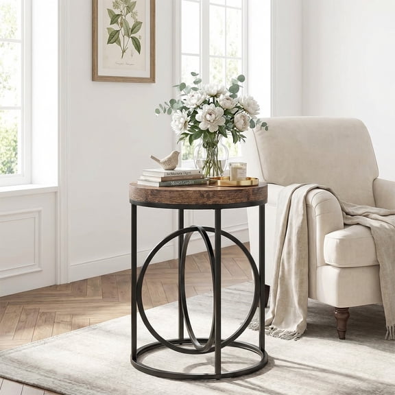 Round End Table For Living Room, 26-Inch Modern Faux Marble Side Table With Black Metal O-Frame, Brown Accent Table, Narrow Nightstand For Bedroom Small Space (Brown & Black)