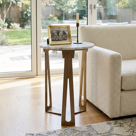 Round End Table with Marble Top and Metal Base for Living Room or Bedroom Decor - Small Side Table for Small Room Spaces - Decorative Night Stand for Bedside Drink Table - 22", Ivory & Gray