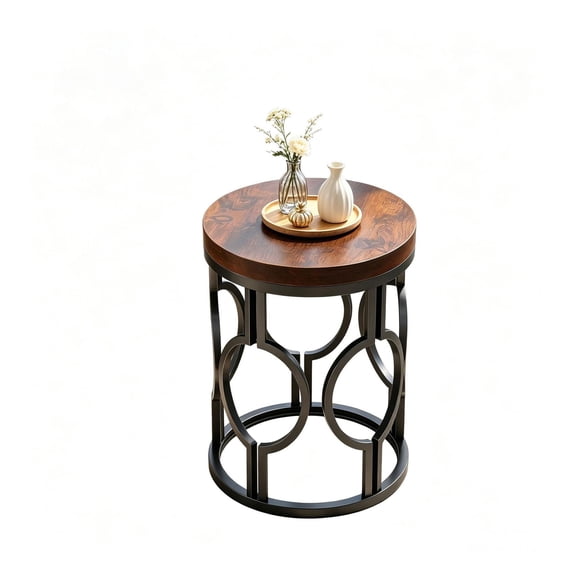 Round End Table, Metal Frame Side Table - Rustic Vintage Living Room Bedroom Accent Table, Industrial Style, 17.72 Inch