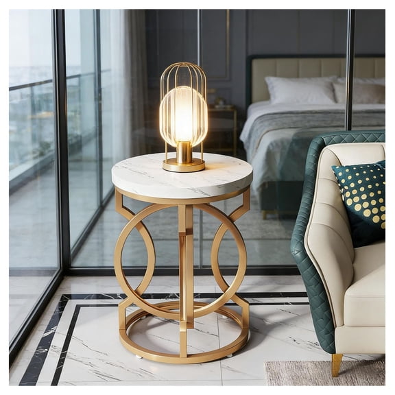 Round End Table, Modern Bedside Table with Faux Marble Top, Living Room Small Side Table - 19.7'' Diameter, Metal Frame, Easy Assembly