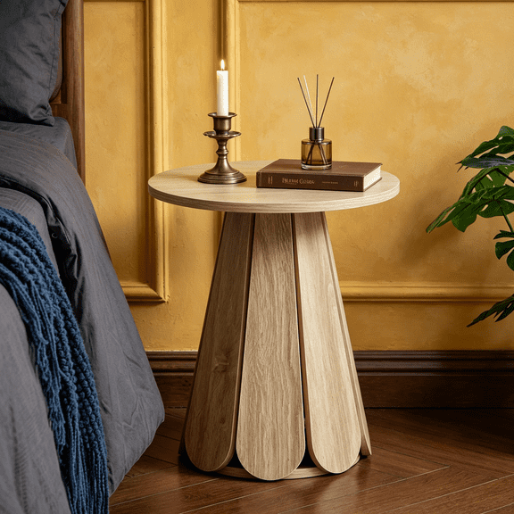 Round End Table Nightstand Set of 2, Mid-Century Modern Side Table, Circle Bedside Table Wood Night Stand for Bedroom, Living Room, Small Space, Natural