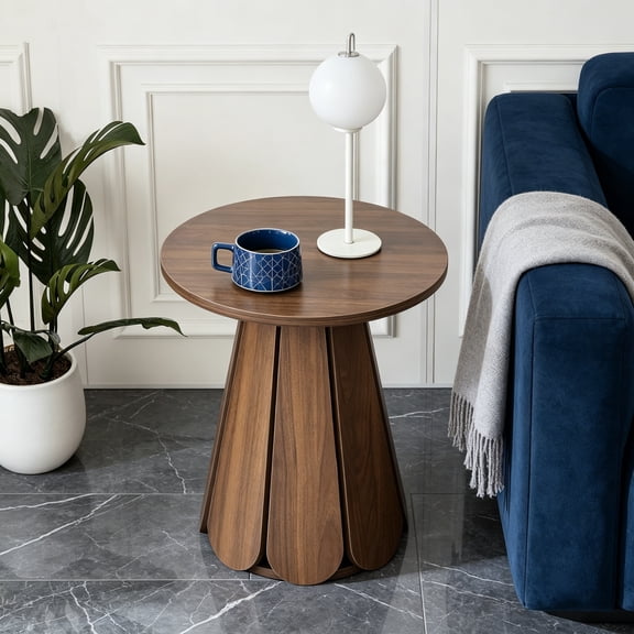 Round End Table Nightstand Set of 2, Mid-Century Modern Side Table, Circle Bedside Table Wood Night Stand for Bedroom, Living Room, Small Space, Walnut