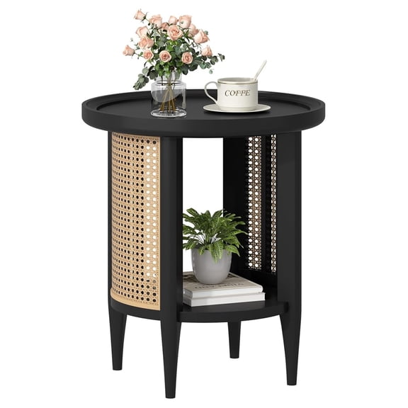 Round End Table Rattan Side Table with Solid Wood Legs, Boho Style Nightstand Bedside Table with 2-Tier Shelves, Small Coffee Table for Living Room Bedroom Small Spaces Black