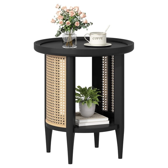 Round End Table Rattan Style Side Table with Solid Wood Legs, Boho Style Nightstand Bedside Table with 2-Tier Shelves, Small Coffee Table for Living Room Bedroom Small Spaces Black