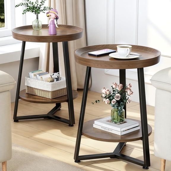 Round End Table Set of 2, 2-Tier Tray Top Side Table Decor Table, Ultra Stable Coffee End Table/Nightstand, Modern Farmhouse Couch Table for Living Room, Bedroom, Bedside Stand or Small Spaces