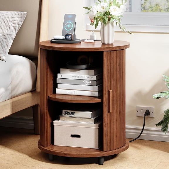 Round End Table Set of 2 with Charging Station, Mid Century Bedside Table with Sliding Door & 2 Tier Storage, Modern Nightstands Set of 2 for Living Room, Bedroom, Entryway, Walnut