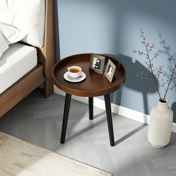 Round End Table Set of 2, Mid-Century Modern Side Table with Wooden Tray & Bamboo Legs, Sofa Couch Accent Table, Small Coffee Table for Small Space Living Room, Nightstand for Bedroom, Walnut
