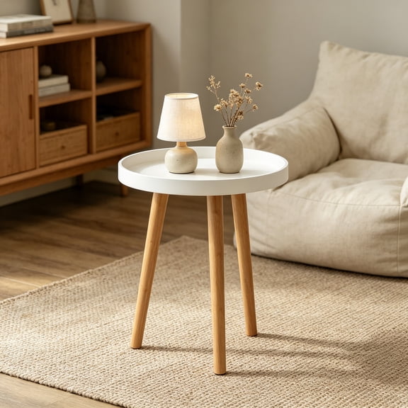 Round End Table Set of 2, Mid-Century Modern Side Table with Wooden Tray & Bamboo Legs, Sofa Couch Accent Table, Small Coffee Table for Small Space Living Room, Nightstand for Bedroom, White