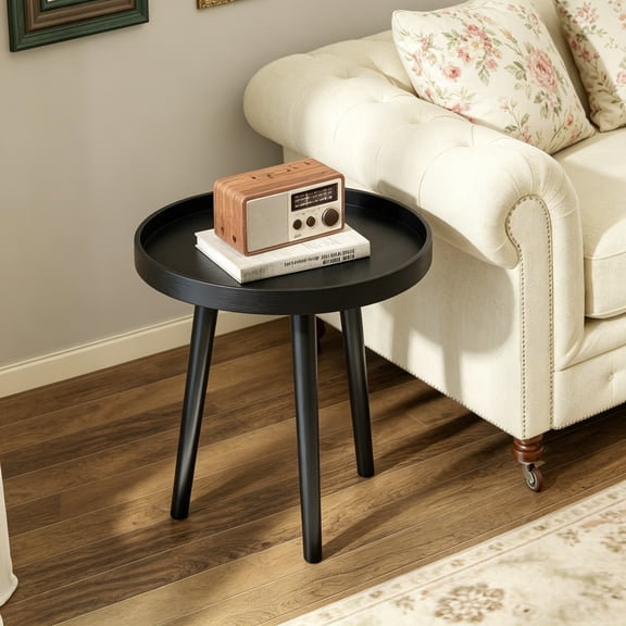 Round End Table Set of 2, Mid-Century Modern Side Table with Wooden Tray & Bamboo Legs, Sofa Couch Accent Table, Small Coffee Table for Small Space Living Room, Nightstand for Bedroom, Black