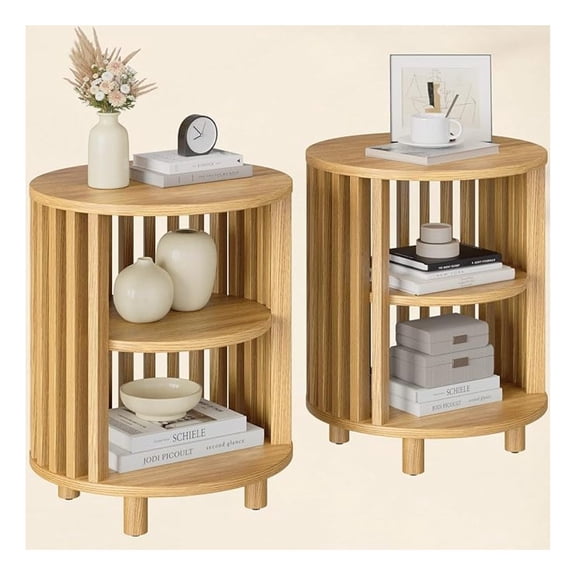 Round End Table Set, Wood Nightstand, Modern Side Tables with Shelf, 3 Tier Small Bedside Table for Living Room Bedroom, Natural Oak (2-Pack)