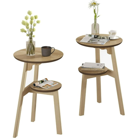 Round End Table Set of 2, Narrow Side Table for Small Spaces, Accent Table Night Stand with 2 Tier Shelf for Bedroom and Living Room, Natural