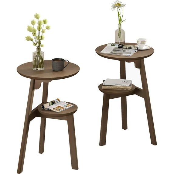 Round End Table Set of 2, Narrow Side Table for Small Spaces, Accent Table Night Stand with 2 Tier Shelf for Bedroom and Living Room, Walnut