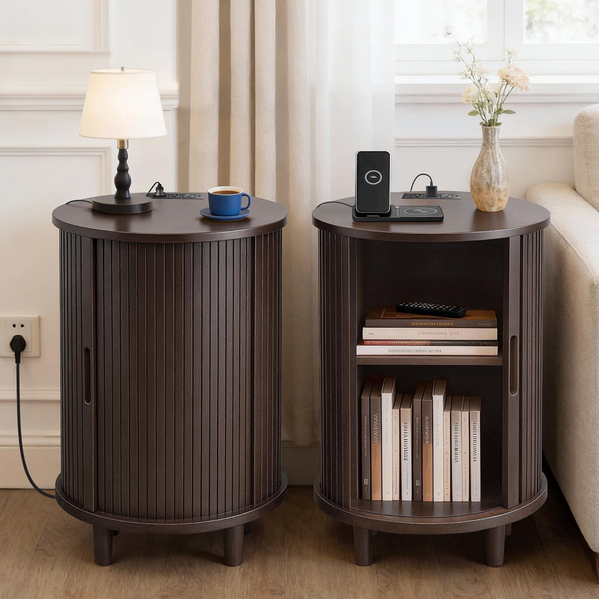 Round End Table Set of 2 with Charging Station, Fluted Nightstand with Sliding Door & Adjustable Shelf, Mid Century Side Table, Coffee
