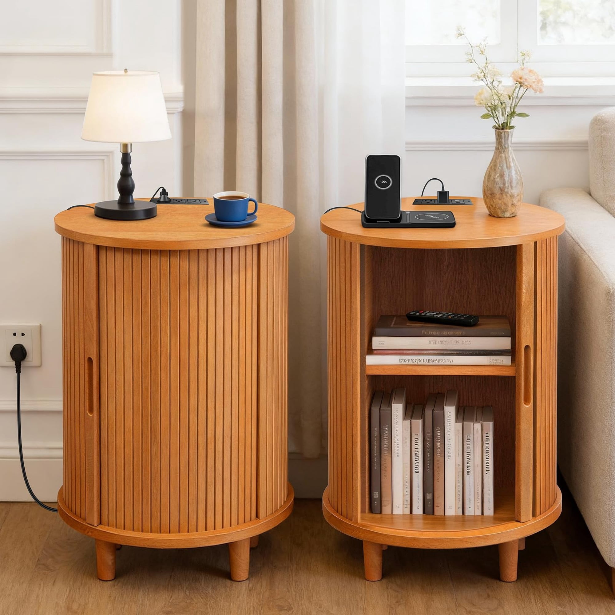 Round End Table Set of 2 with Charging Station, Fluted Nightstand with Sliding Door & Adjustable Shelf, Mid Century Side Table, Yellow