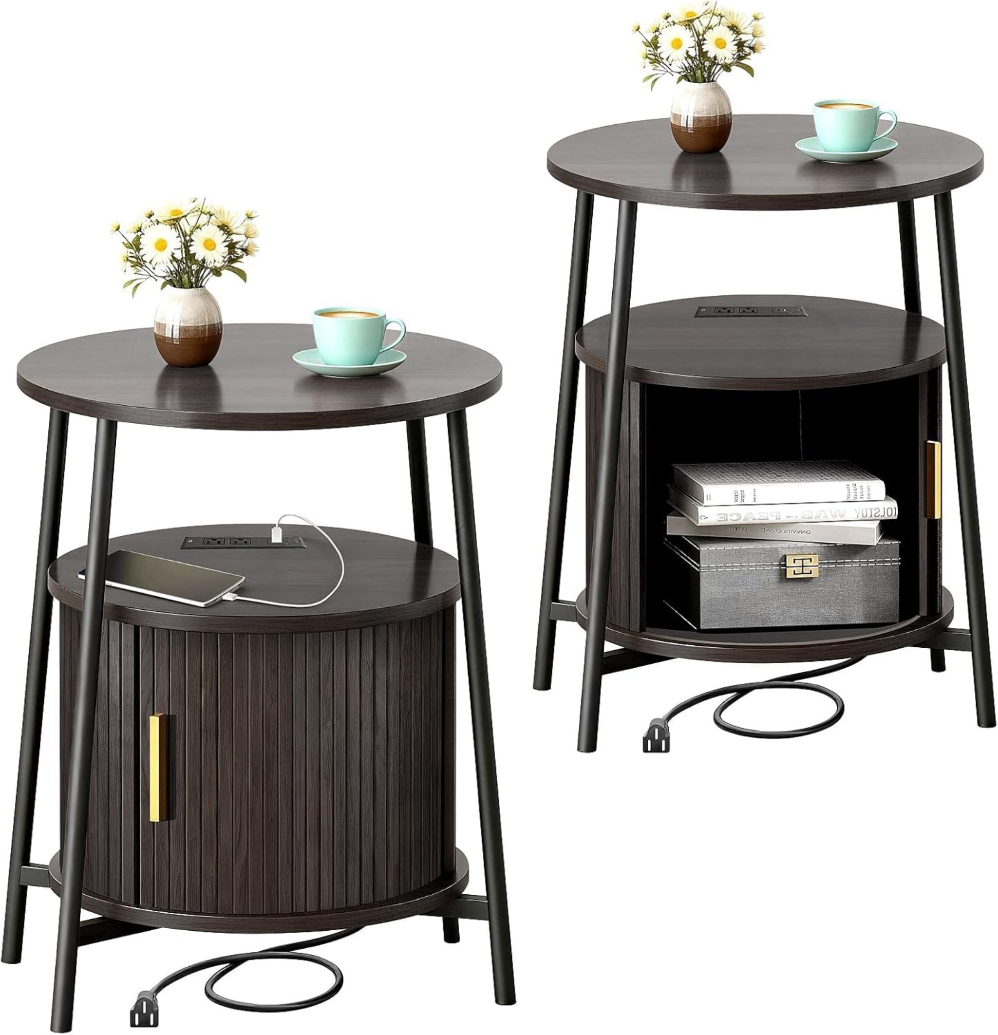 Round End Table Set of 2 with Charging Station, Fluted Side Table with Sliding Door, Mid Century Modern Nightstand for Bedroom & Living Room, Coffee