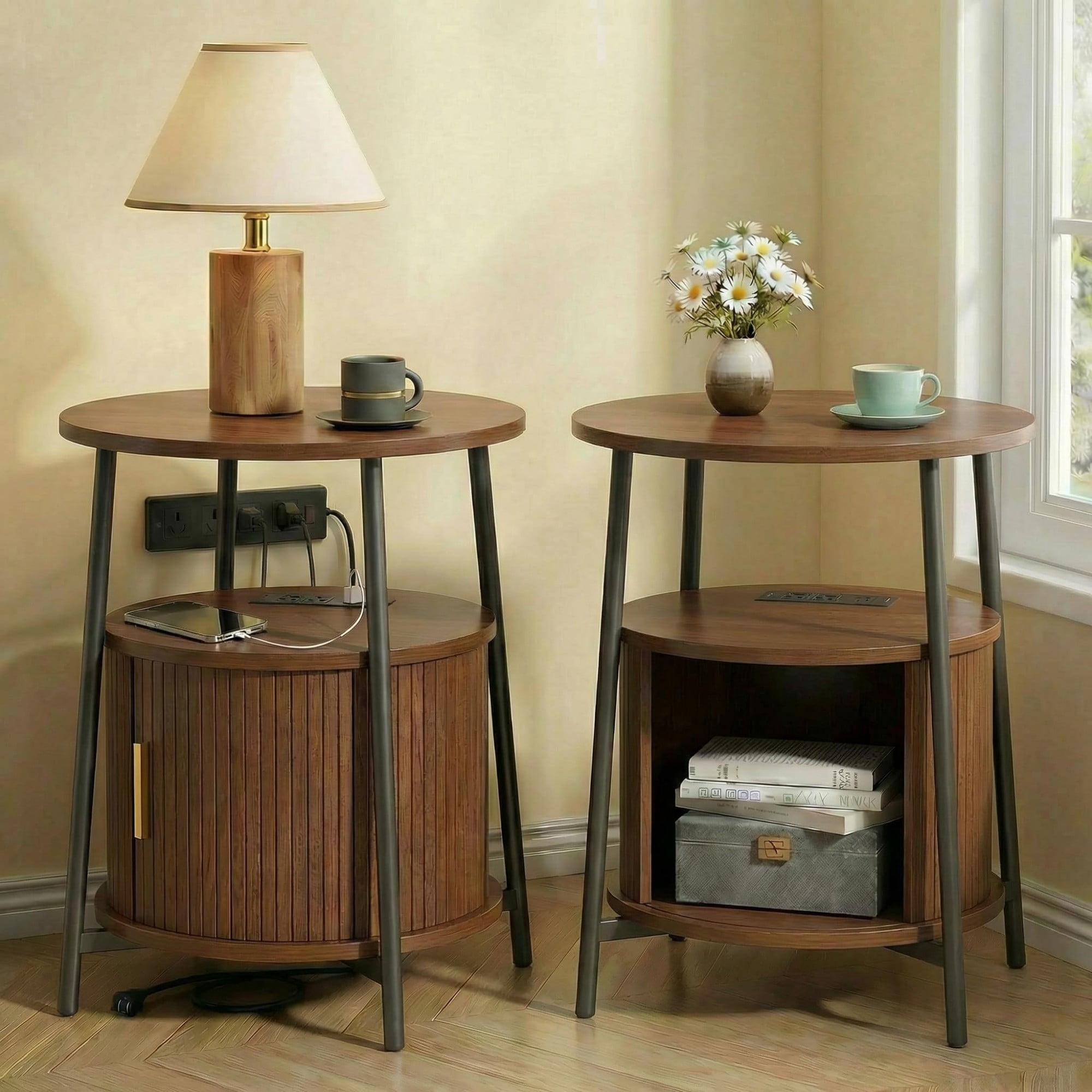 Round End Table Set of 2 with Charging Station, Fluted Side Table with Sliding Door, Mid Century Modern Nightstand for Bedroom & Living Room, Walnut