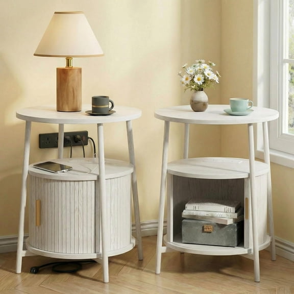 Round End Table Set of 2 with Charging Station, Fluted Side Table with Sliding Door, Mid Century Modern Nightstand for Bedroom & Living Room, White
