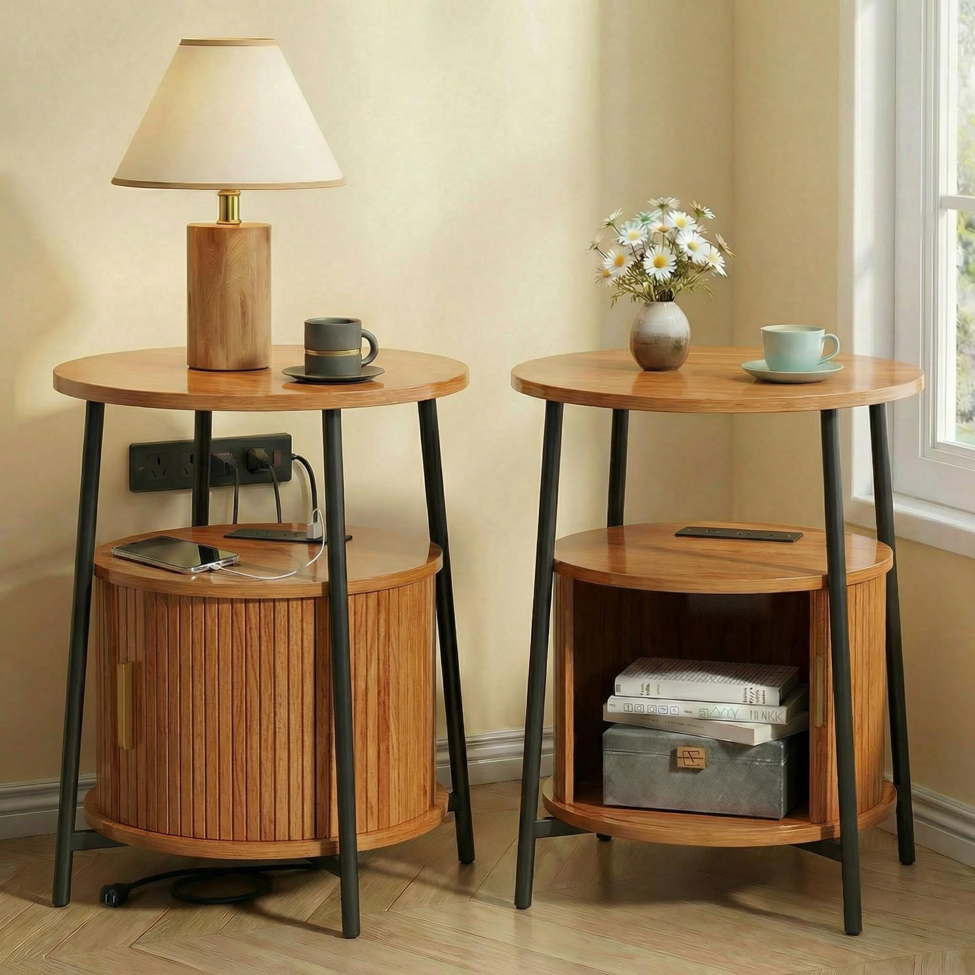 Round End Table Set of 2 with Charging Station, Fluted Side Table with Sliding Door, Mid Century Modern Nightstand for Bedroom & Living Room, Yellow