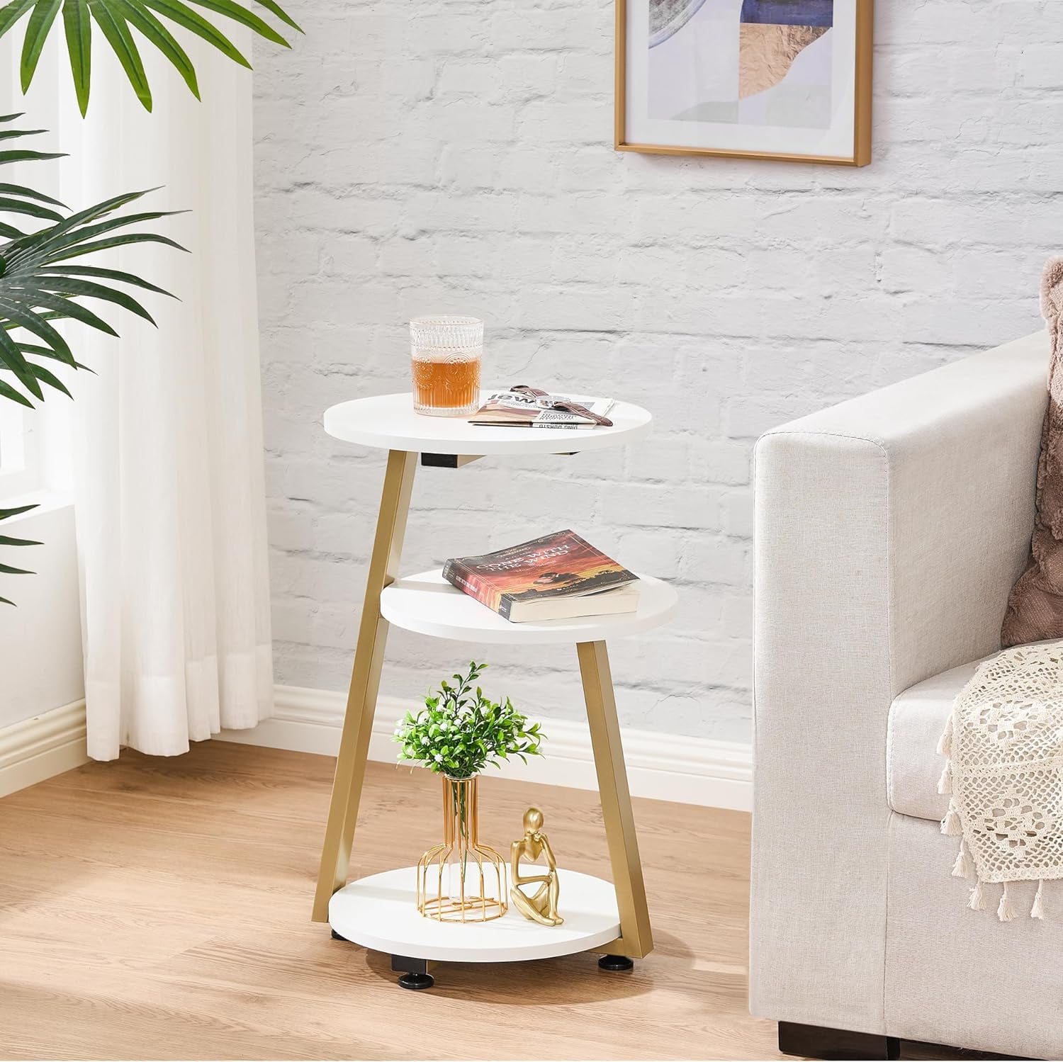 Round End Table Side Table with Metal Frame, Accent Bedside Table