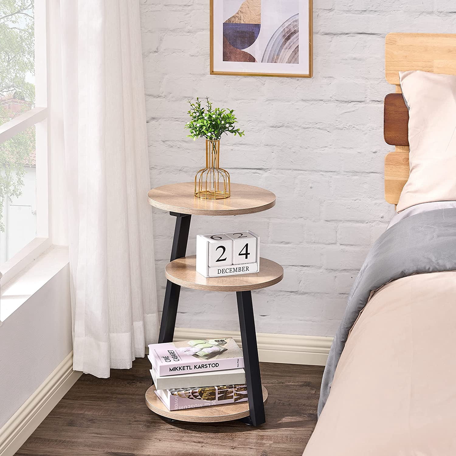 Round End Table Side Table with Metal Frame, Accent Table Nightstand ...
