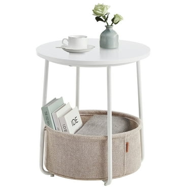 Round End Table Side Table with Fabric Storage Basket Bedside Table for Living Room Bedroom Classic White Sand Beige
