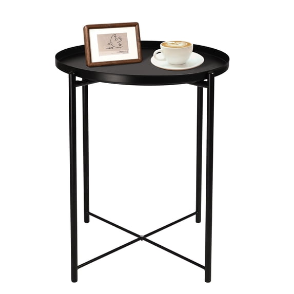 Round End Table, Small Metal Side Table with Removable Tray for Living Room Bedroom Balcony Patio and Office