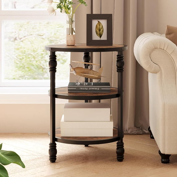 Round End Table, Small Side Table with 3 Shelves for Living Room, Bedroom, Night Stand Accent Coffee Table with Steel Frame for Small Spaces, Rustic Brown