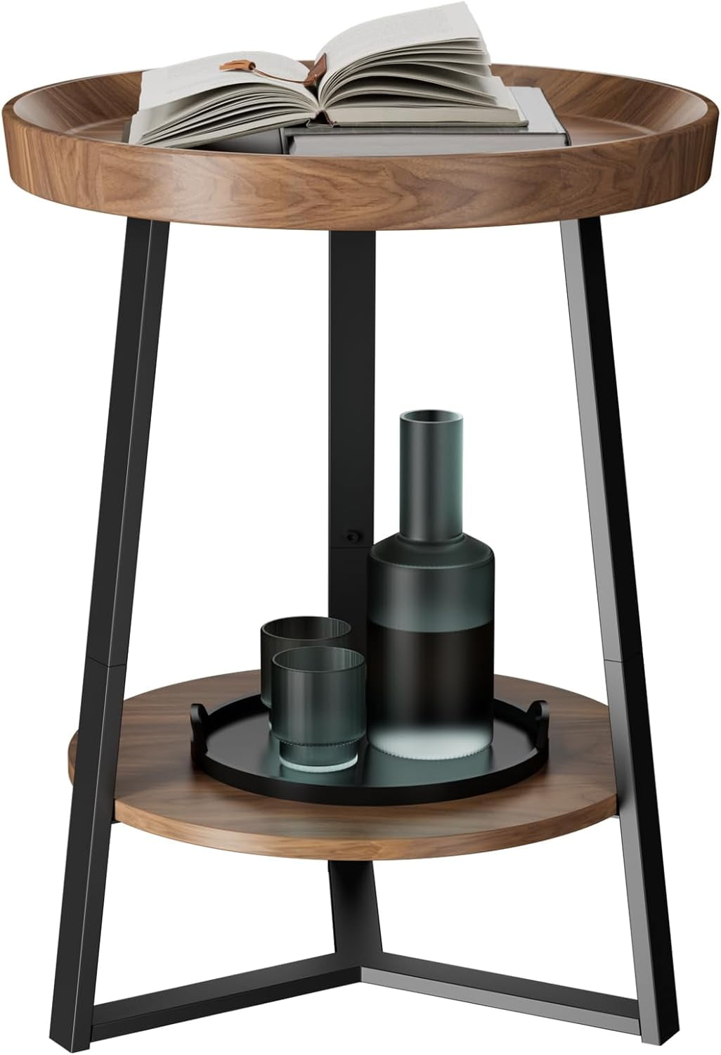 Brown Round Wood and Metal End Table with Storage Shelf