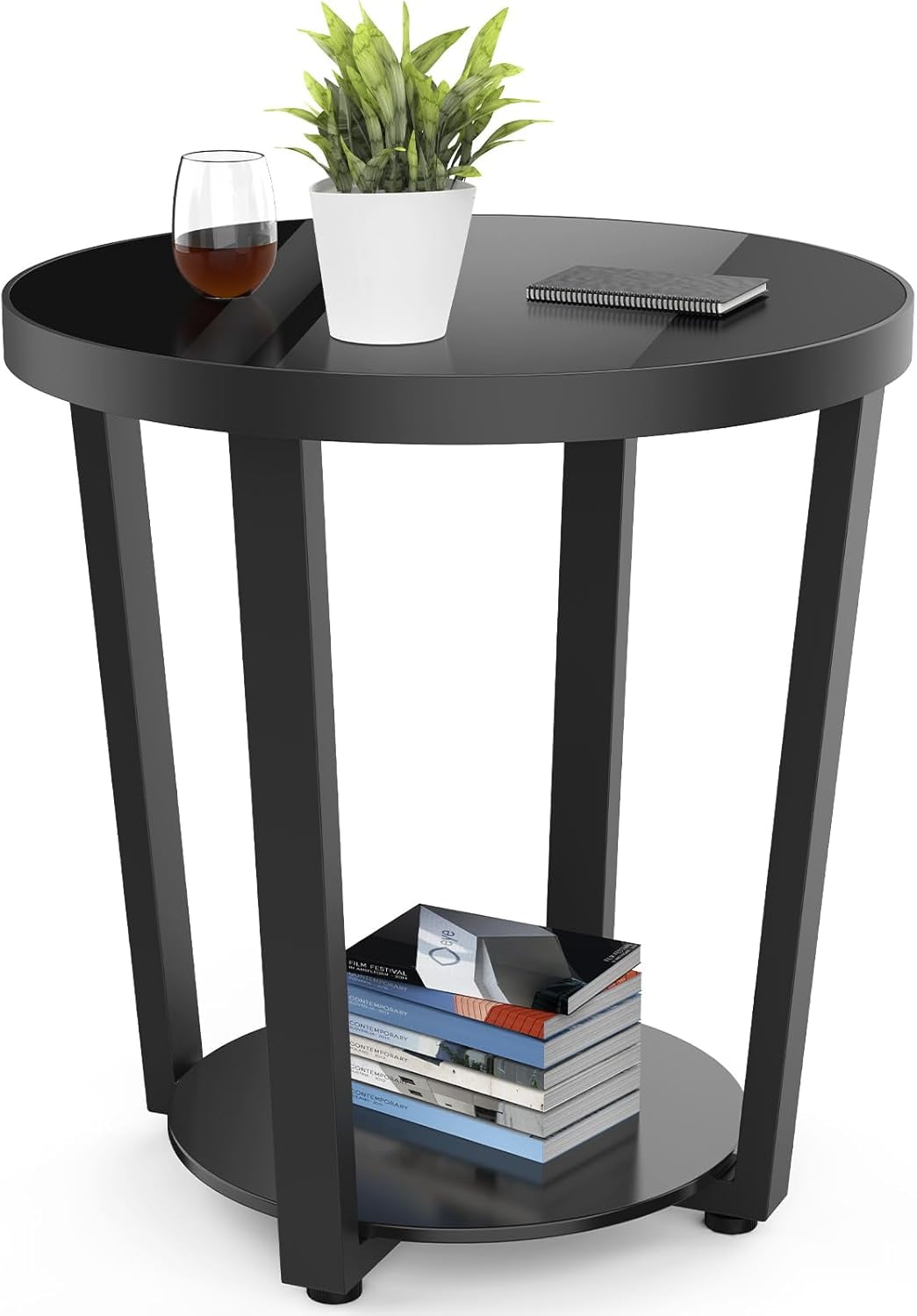 Black Round Tempered Glass and Metal End Table