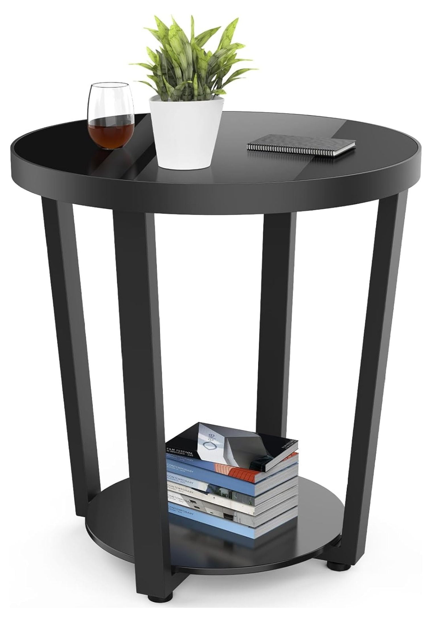 Round End Table, Tempered Glass End Table with Metal Frame, Small ...