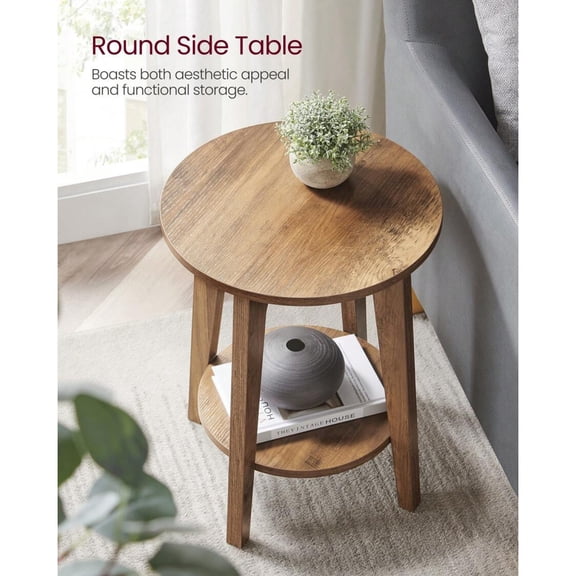 Round End Table With Lower Shelf, Side Table, Nightstand For Small Spaces, 15.8 X15.8 X 19.7 Inches, Room Decor, Grey And Brown