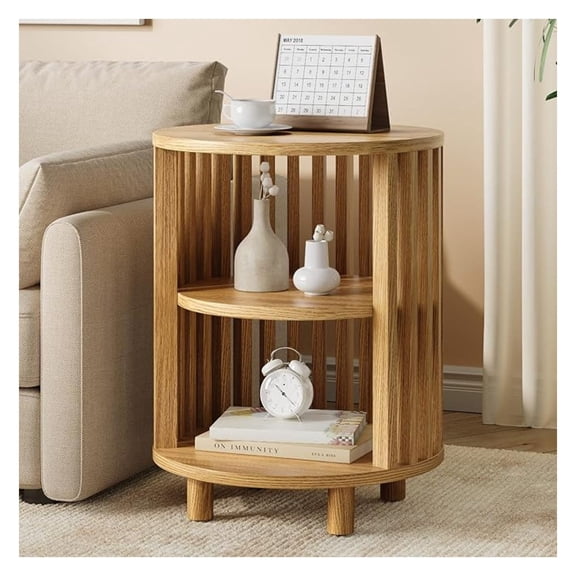 Round End Table, Wood Nightstand, Modern 3 Tier Side Table with Open Storage, Bedroom Living Room, Curved Design, Natural Oak