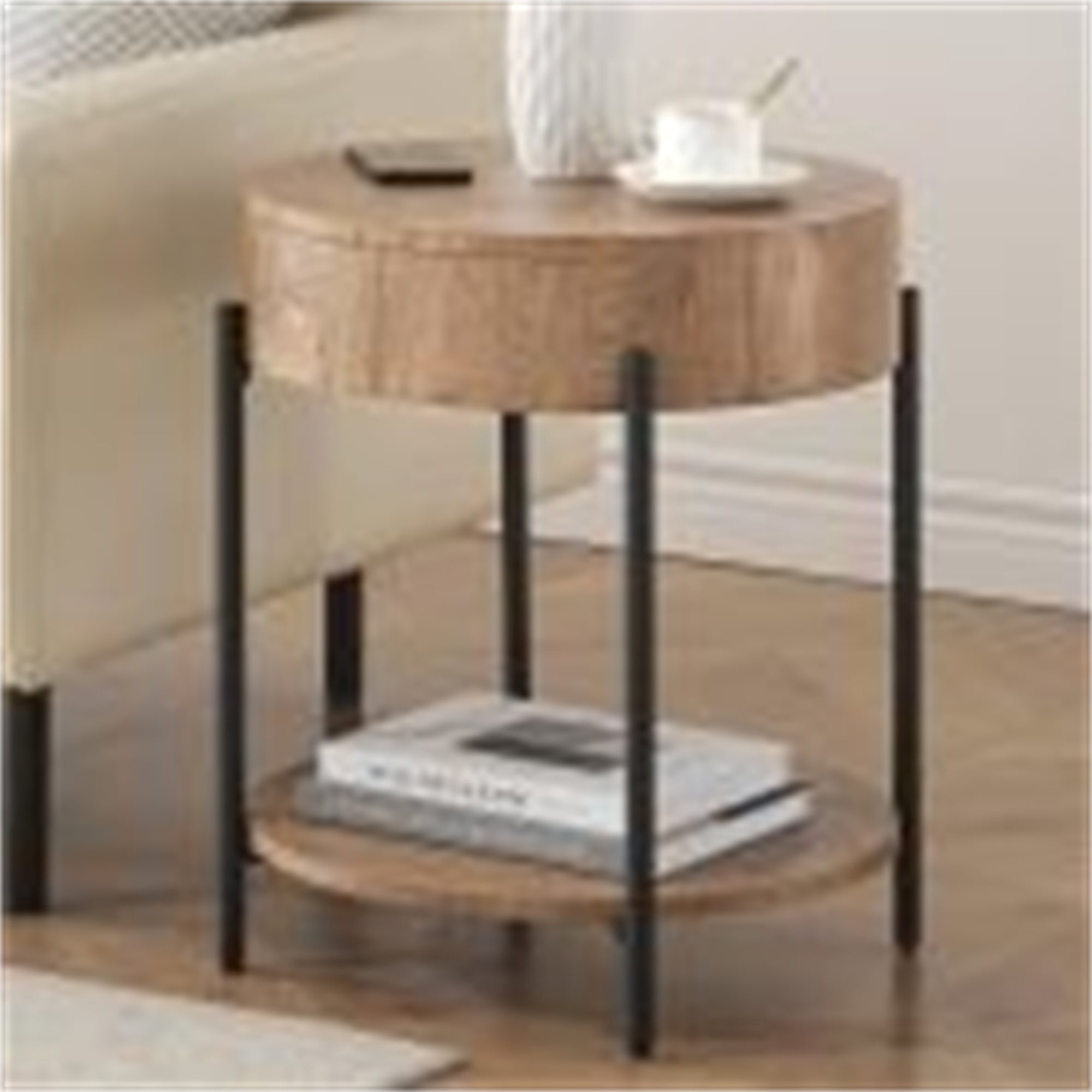 Round End Table Wood Side Table with Drawer Farmhouse Circle End Tables ...