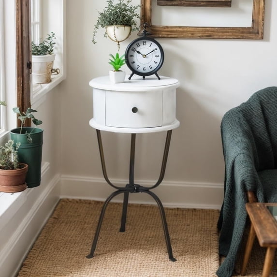 Chic White Round End Table with Drawer - Solid Wood & Metal Legs, Perfect for Living Room or Bedroom