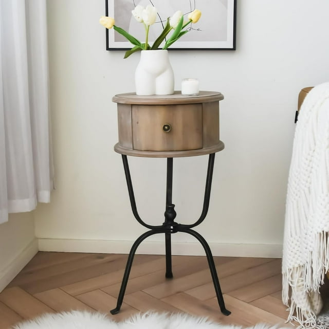 Round End Table, Wood Side Table with Metal Legs, Nightstand with Drawer, Bedside Table for Living Room, Bedroom, Small Space (Wooden)