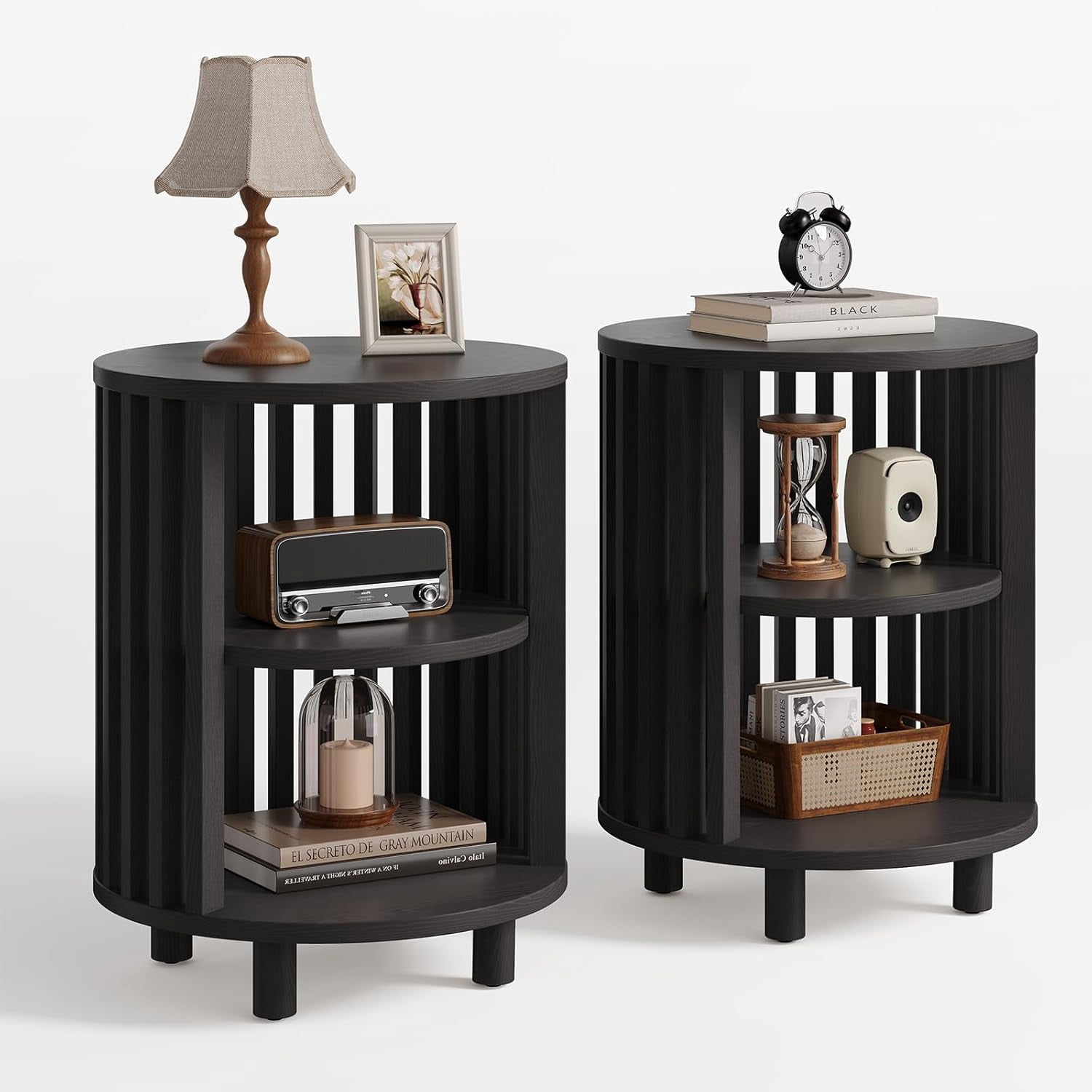Round End Table, Wood Side Tables, Mid Century Modern Nightstand with 2 ...