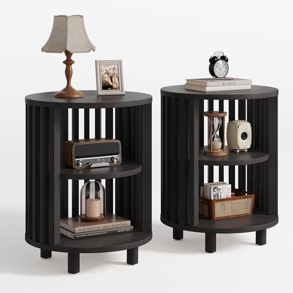 Round End Table, Wood Side Tables, Mid Century Modern Nightstand with 2 Tier Storage, Small Circle Bedside Table for Small Spaces, Living Room, Curved Profile Design, 19.7" Tall, Black (2-Pack)