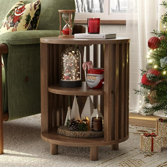 Round End Table, Wood Side Tables, Mid Century Modern Nightstand with 2 Tier Storage, Small Circle Bedside Table for Small Spaces, Living Room, Curved Profile Design, 19.7" Tall, Walnut (1-Pack)