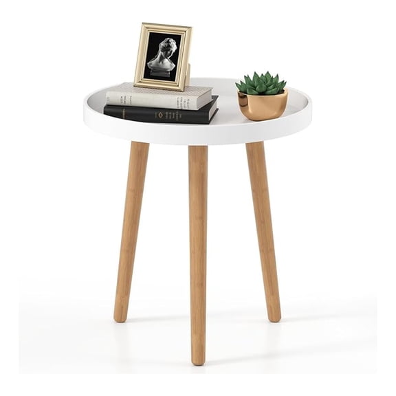 Round End Table, Wood Sofa Side Table with Tray Top & Bamboo Legs, Century Modern Accent Table, Small Bedside Table for Living Room, Bedroom, Easy Assembly, White
