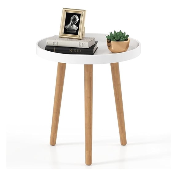 Round End Table, Wood Sofa Side Table with Tray Top & Bamboo Legs, Century Modern Accent Table, Small Bedside Table for Living Room, Bedroom, Easy Assembly, White