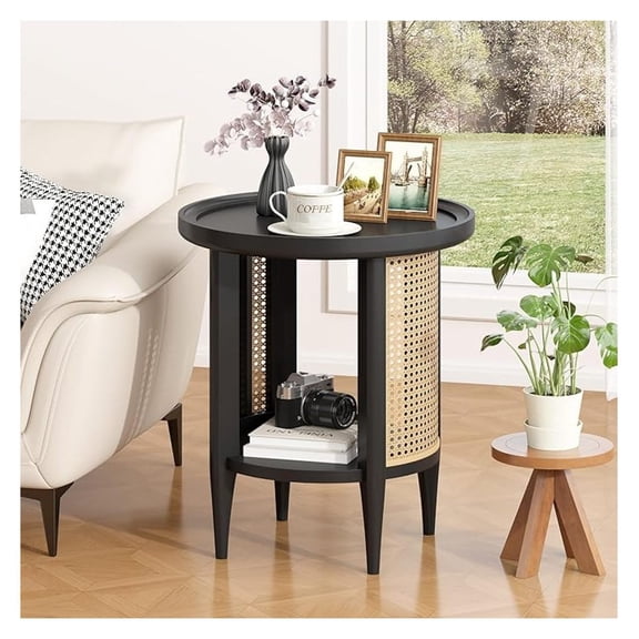 Round End Table XYX Rattan Style Solid Wood Legs 2-Tier Shelves Black