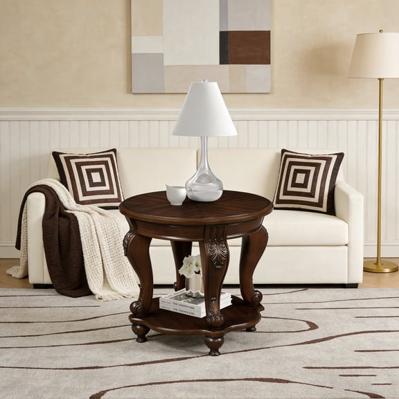 Round End Table for Living Room, Solid Wood Sofa Side Table with Shelf, Retro Corner Table for Office Small Space (22" W x 19.5" D x 20.5" H, Cherry)