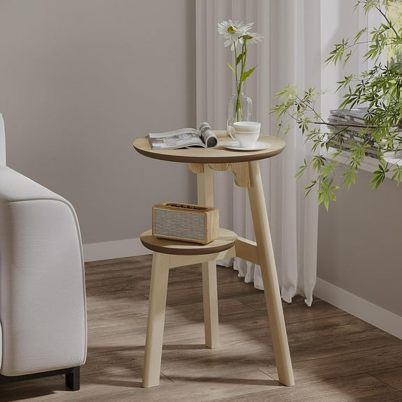 Round End Table for Small Spaces, Narrow Side Table, Accent Table Night Stand with 2 Tier Shelf for Bedroom and Living Room, Natural