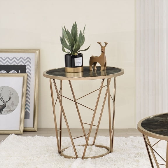 Round End Table in Modern Luxury Style - Black and Champagne Finish with Faux Marble Tempered Glass Top & Cone Base Metal Frame
