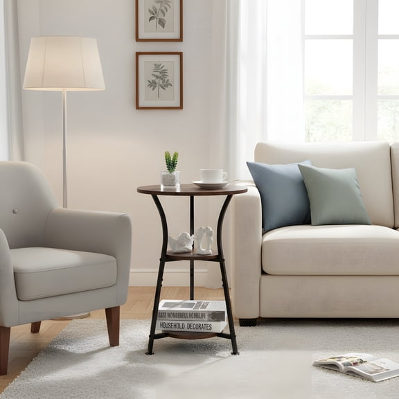 Round End Table with 3-Tier Shelves - Rustic Modern Side Table for Small Spaces