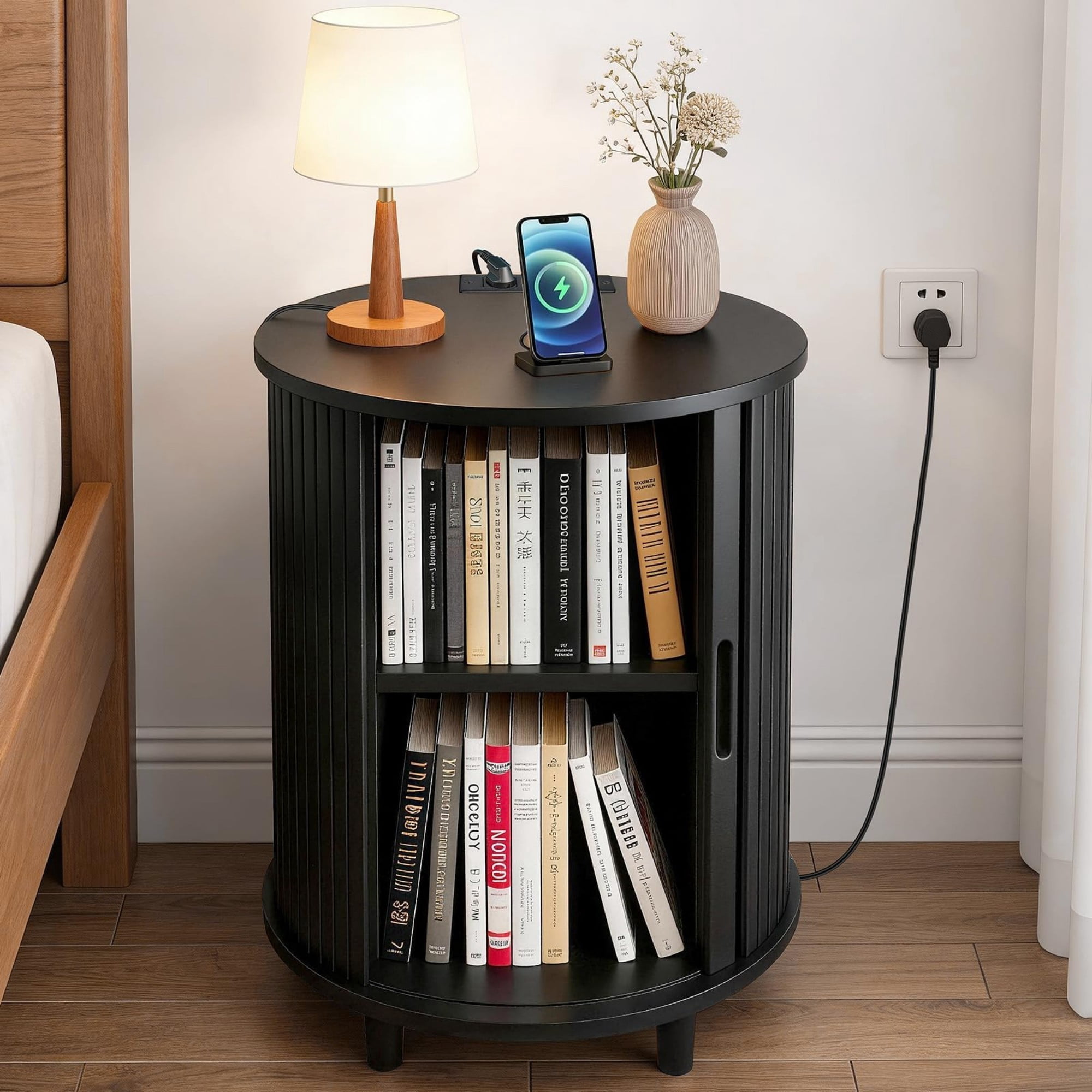 Round End Table with Charging Station, Fluted Nightstand with Sliding Door & Adjustable Shelf, Mid Century Side Table, Black