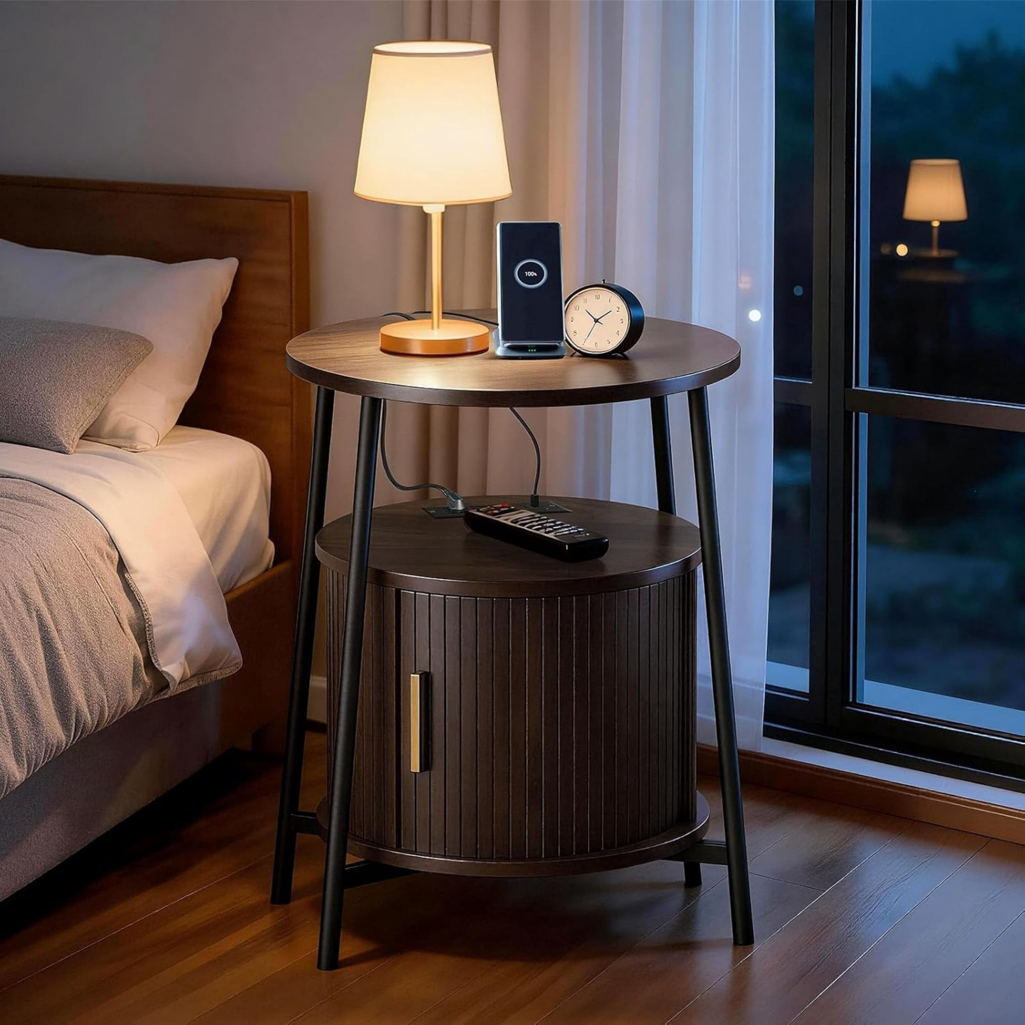 Round End Table with Charging Station, Fluted Side Table with Sliding Door, Mid Century Modern Nightstand for Bedroom & Living Room, Coffee