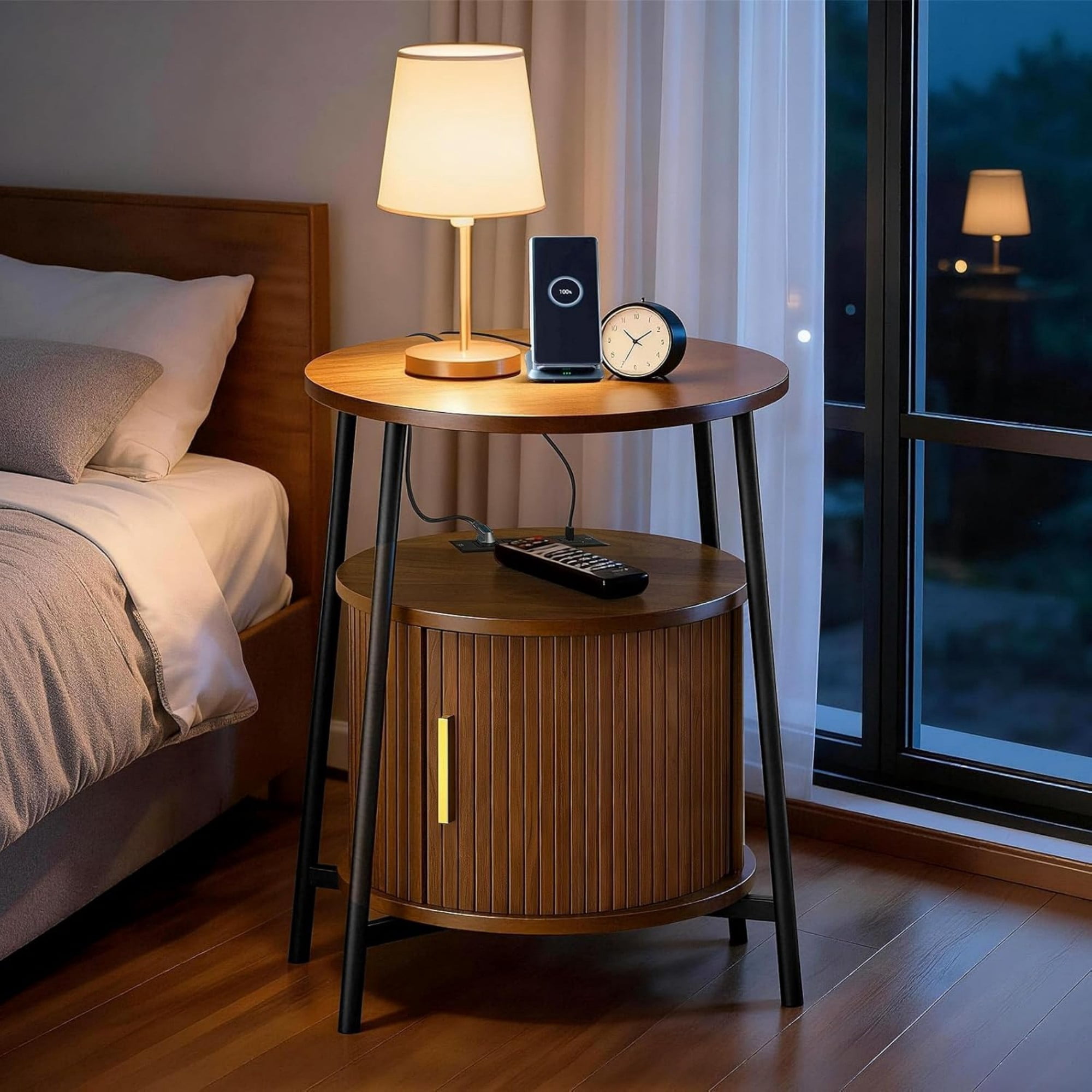 Round End Table with Charging Station, Fluted Side Table with Sliding Door, Mid Century Modern Nightstand for Bedroom & Living Room, Walnut