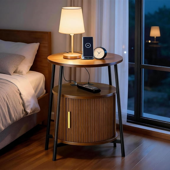 Round End Table with Charging Station, Fluted Side Table with Sliding Door, Mid Century Modern Nightstand for Bedroom & Living Room, Walnut